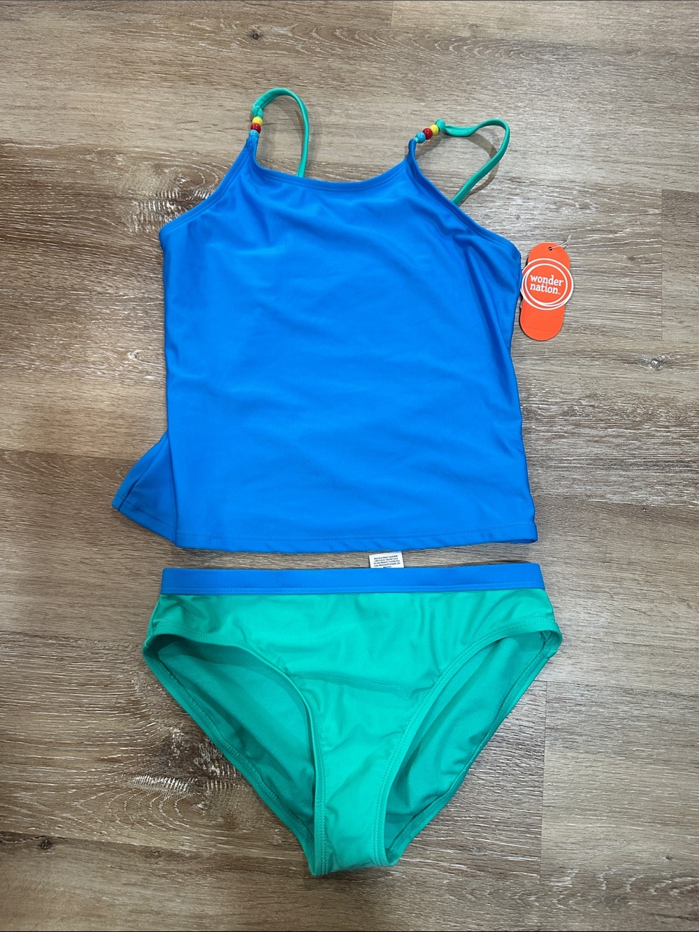 wonder nation Blue & Green Girls' Two-Piece Tankini with Bead-Strap Detail